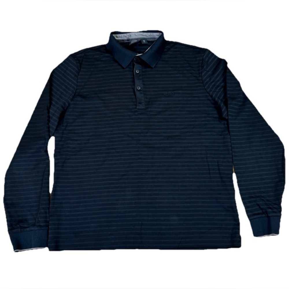 BOSS Hugo Boss Ravenna 09 Long Sleeve Polo Shirt Regular Fit Men L Black Stripe